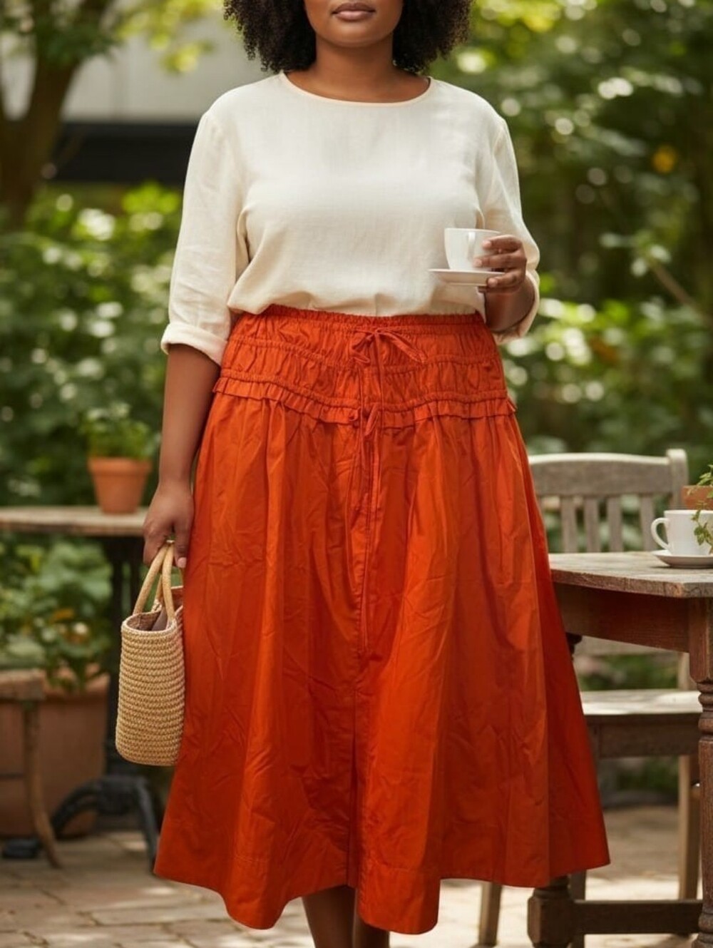 Drawstring Waist Midi Skirt in Rust Orange